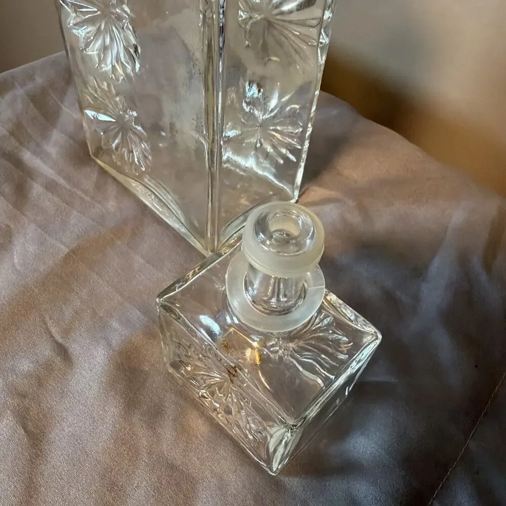 Vintage Square Clear Glass Whiskey Decanter Embossed Flowers(cork Is Gone)